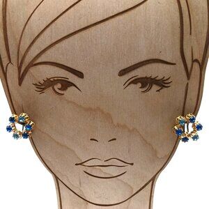 Vintage Austria Wreath Earrings Gold Tone Clip-On with Blue Austrian Crystals